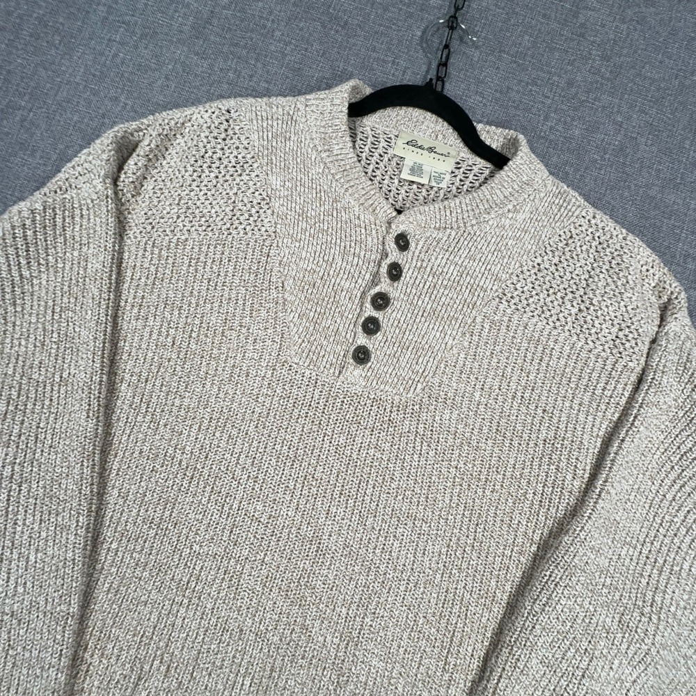 Vintage Eddie Bauer Henley Sweater Men XL Tall Cotton Knit Fisherman Made in USA